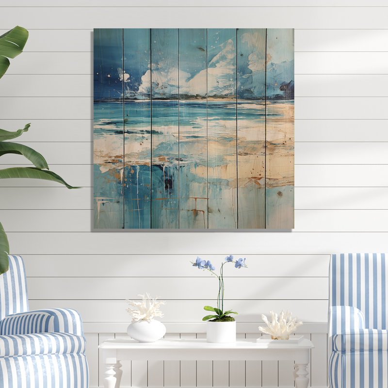 Blue And Beige Tranquility Beach II - Coastal Minimalism On Wood Print, 25" H x 25" W