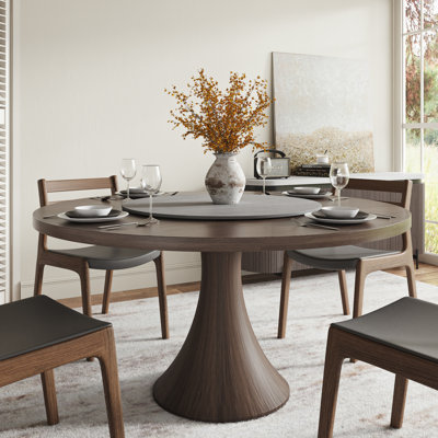 Dark Brown Thick Walnut Tone Solid Wood Dining Table With Removable Stone Lazy Susan
