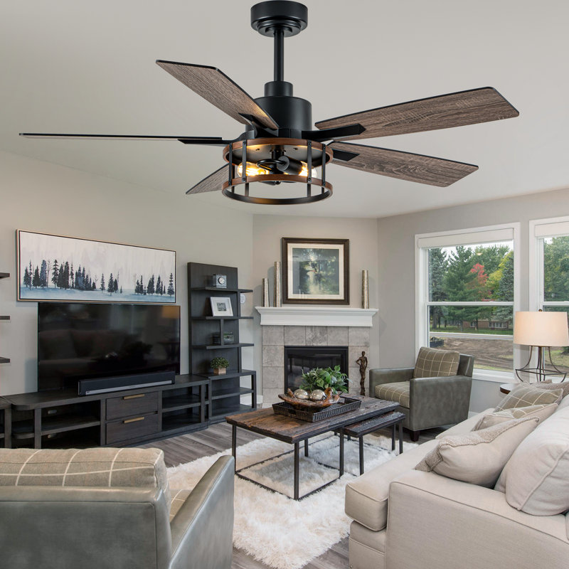 52" 5- Blade Industrial Large Ceiling Fan with Light Kit and Remote Black Farmhouse 6-speed Reversible DC Motor Fandelier