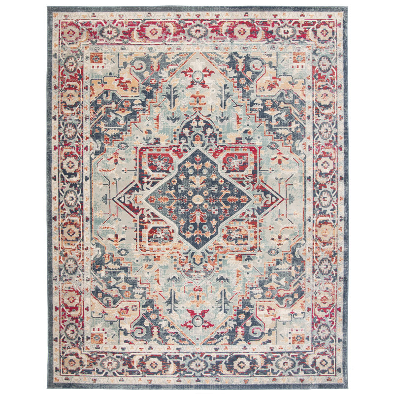 Tapis oriental bleu marine / turquoise Doucet 300 pes / coton / PP / latex, Rectangle 5 pi x 7 pi