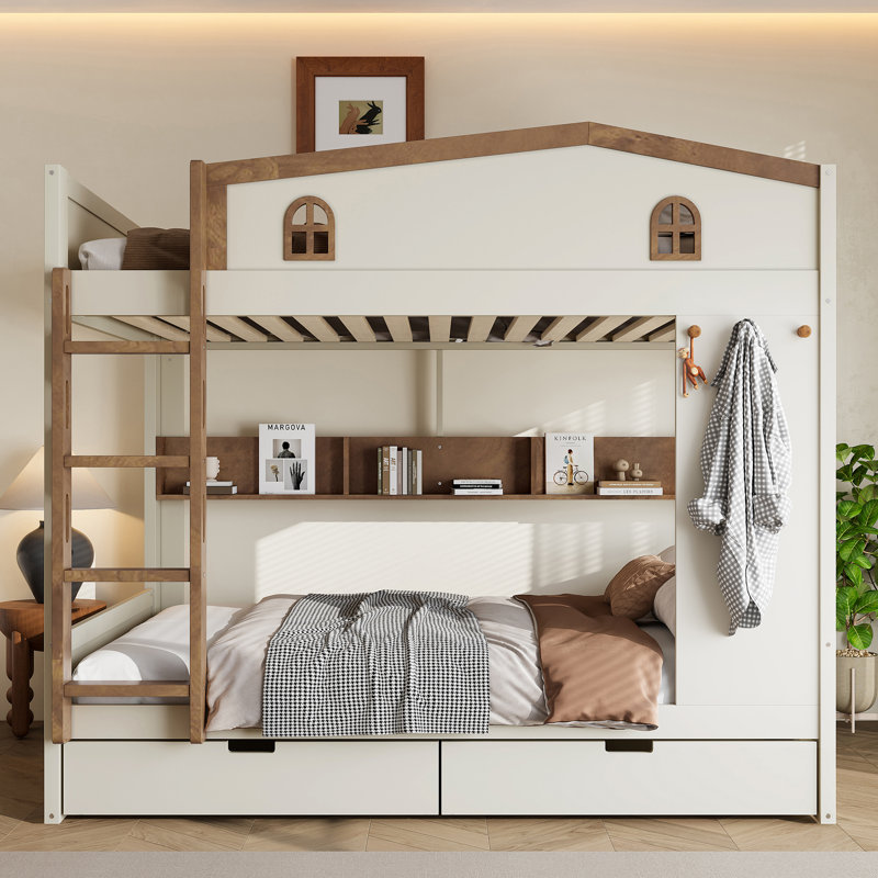 Queen over Queen Bunk Bed with Storage Drawers, Shelves & Hooks, Solid Wood, No Box Spring, Beige&Natural, Beige/Natural