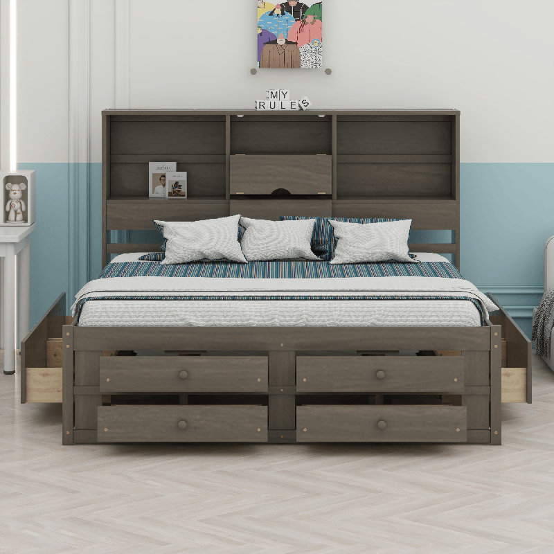 Platform Bed With Storage Headboard, Gray