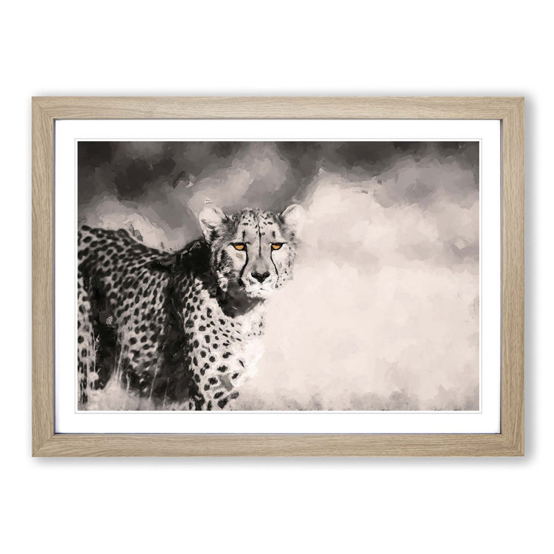 Cheetah with Orange Eyes in Abstract - Picture Frame Graphic Art Print, 36cm H x 48cm W x 2cm D, Oak Framed