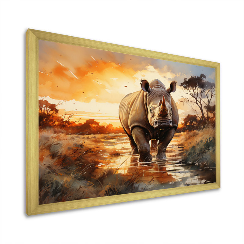 Rhinocéros «A Vast Sunset» - impression, H 16 po x l 32 po x P 1 po, Cadre doré simple