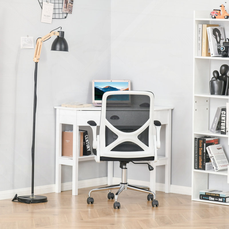 Bureau en coin triangulaire avec tiroir et tablettes de rangement pour petits espaces Bureau à domicile