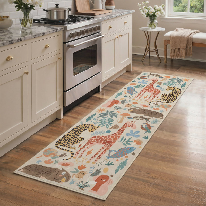 Aarna Safari Jungle Animals & Botanical Kids Runner Area Rug, Machine Washable, Inspired Faux Wool - High-Rebound Foam & Non-Slip Backing