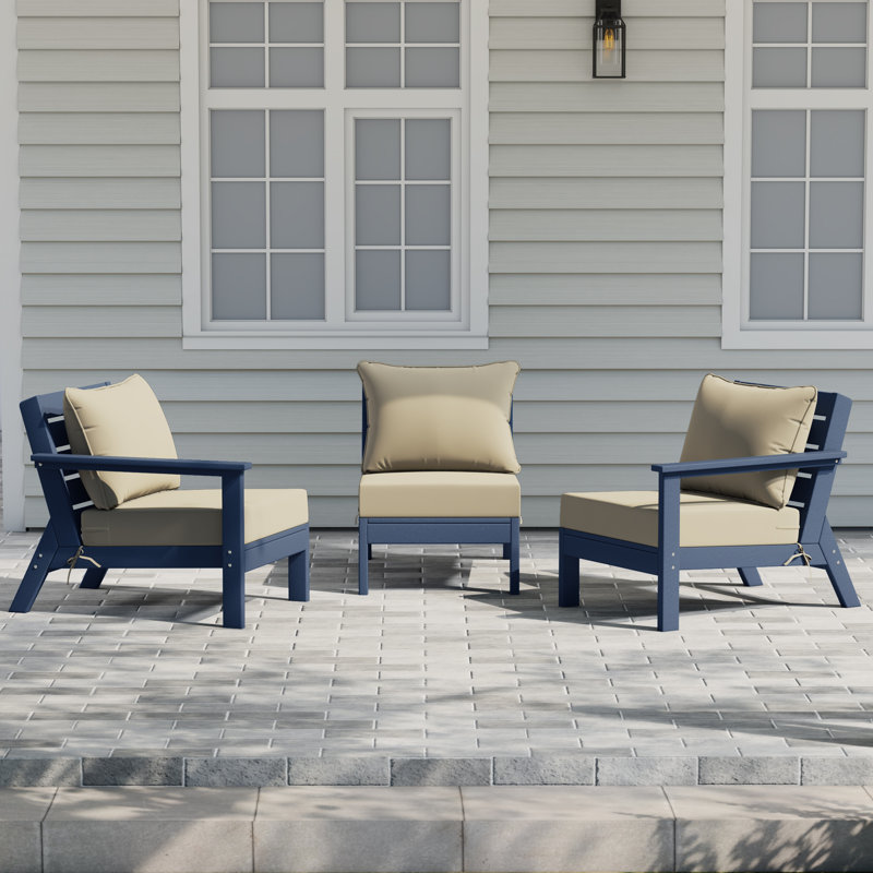 3-Piece Deep Seating Set With Cushions, Beige, Navy Blue