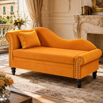 Chaise longue Verralin 64,5 po en velours avec rangement, fauteuil lounge moderne d'intérieur avec accoudoir gauche arrondi, coussin lombaire, garniture cloutée argentée et pieds en bois massif