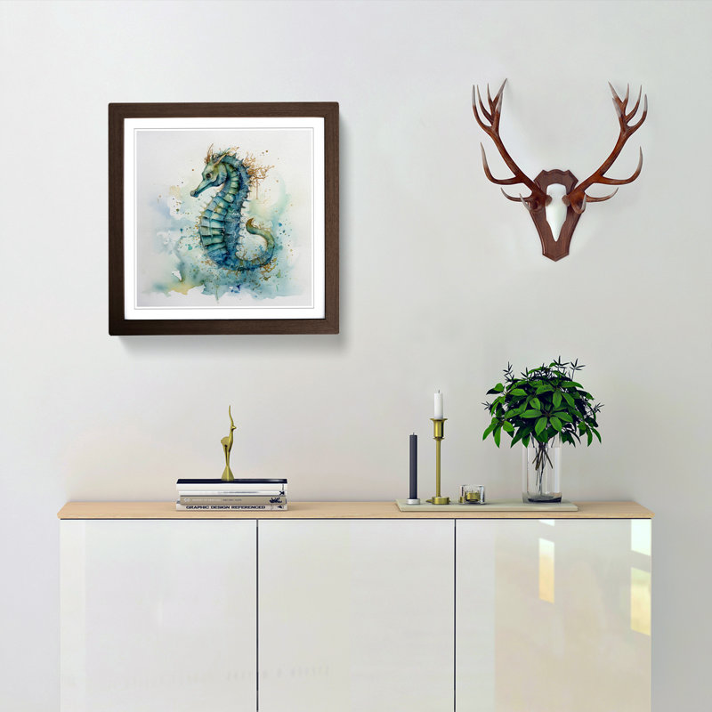 Seahorse Watercolour Framed Print, Walnut