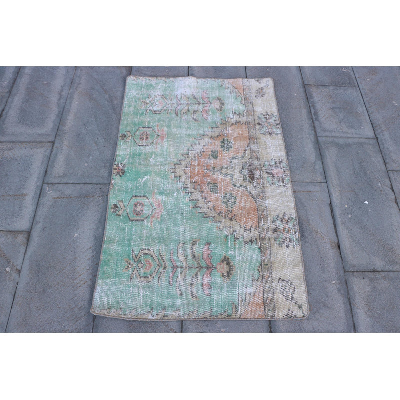Vintage Anatolian Turkish Rug - Luxury Small Green Wool Area Rug Ideal for Bathroom or Door Mat