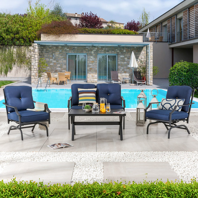 Kattya 4 - Person Patio Conversation Set with Cushions, Blue
