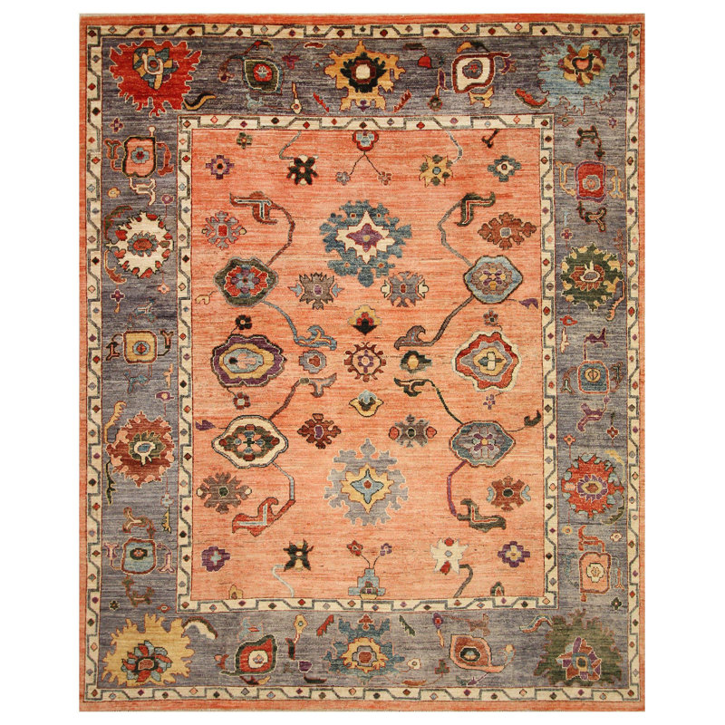 Tapis rose / corail / gris 7 pi 11 po x 9 pi 6 po Oushak
