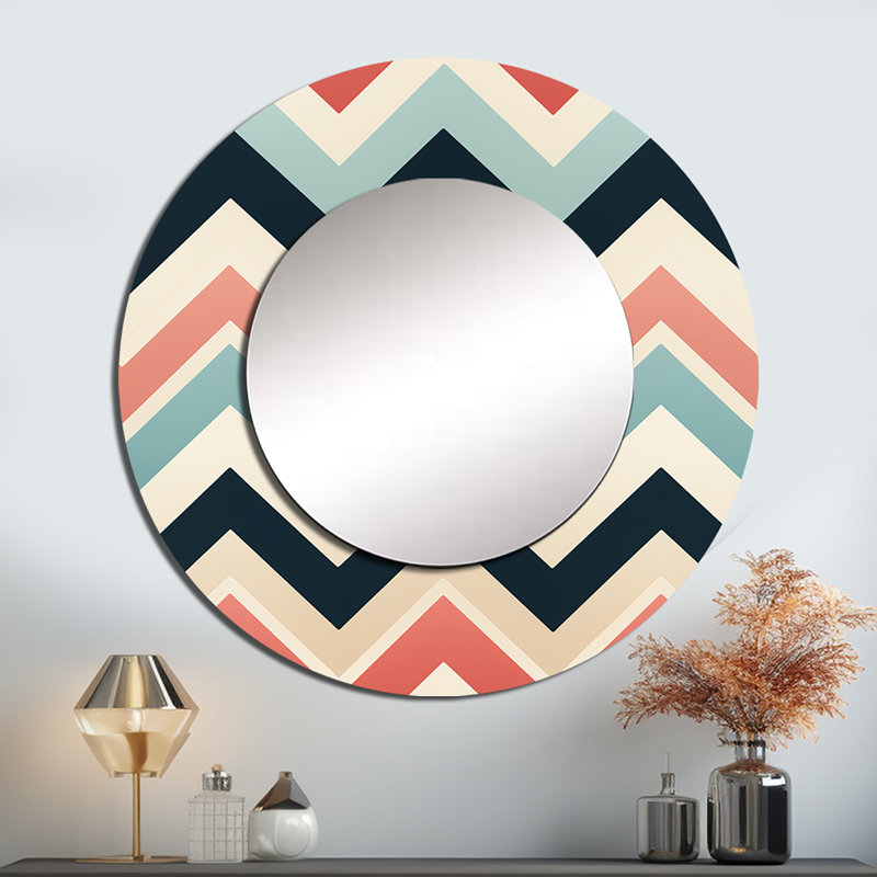 Doux couleur rétro multicolore chevron - miroir mural, miroir rond décoratif glam, 36 po x 36 po