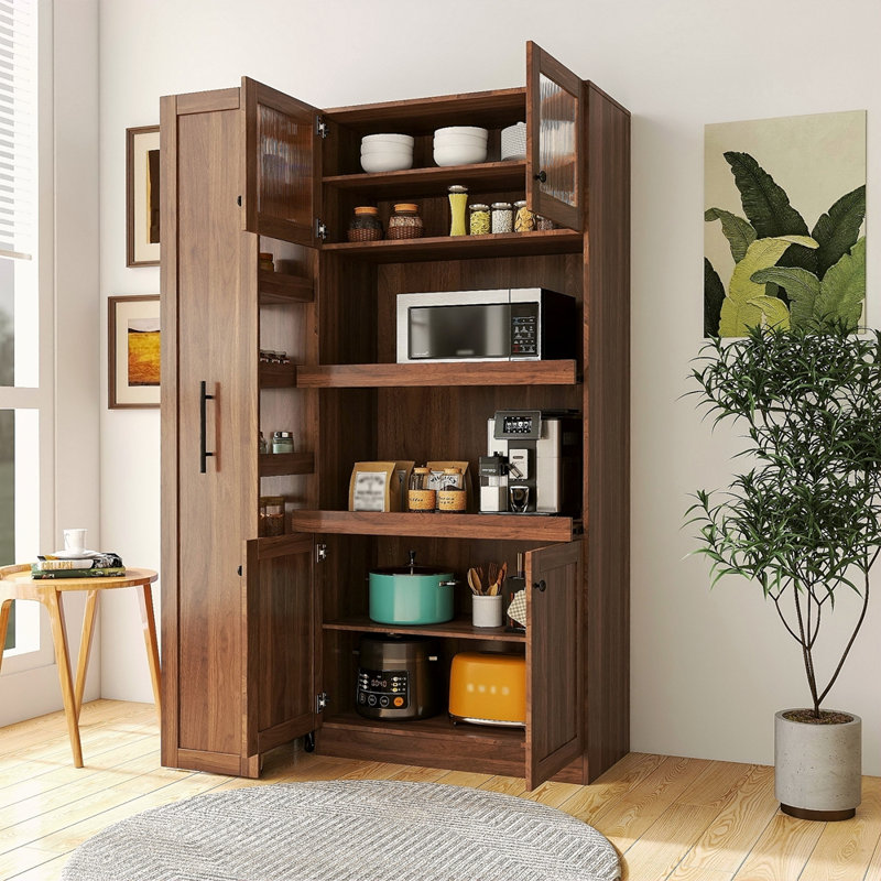 Armoire de cuisine avec étagère de rangement coulissante multifonctionnelle à plusieurs niveaux, armoire de rangement de ferme avec 4 portes, organisateurs de garde-manger pour la cuisine, la salle à manger