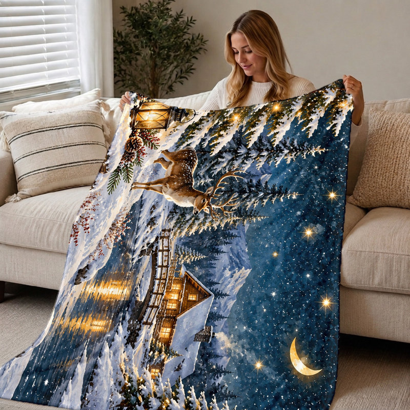 Couverture polaire imprimée cerfs pour chalet d'hiver (1 pièce) – Douce, chaude et légère ; idéal pour le divan, le lit et l'extérieur. Décoration festive pour les fêtes. Lavable à la machine. Entretien facile. Un beau cadeau pour tous les âges. Convient à la literie et au canapé.