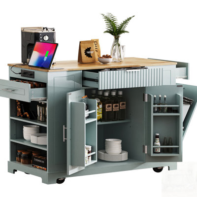 Fluted Kitchen Island with Trash Can Storage, Power Outlets, and Ample Organizational Space on Wheels