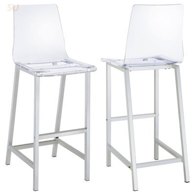 Clear Acrylic And Chrome Bar Stools, Set Of 2, Modern Design With Comfortable Backrest And Foot Pedestal, Bar Stool