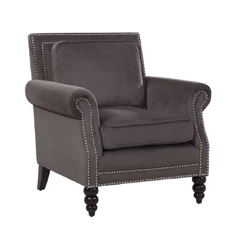 Blair Upholstered Velvet Rolled Arm Chair with Nail Trim, Charcoal Gray