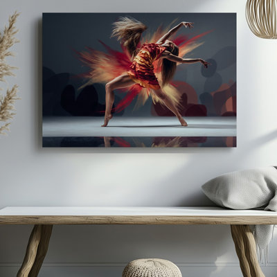 Reproduction d'art sur toile, une danseuse dynamique au milieu de la pose capturée dans un art mural tourbillonnant rouge vif, oranges et jaunes doux