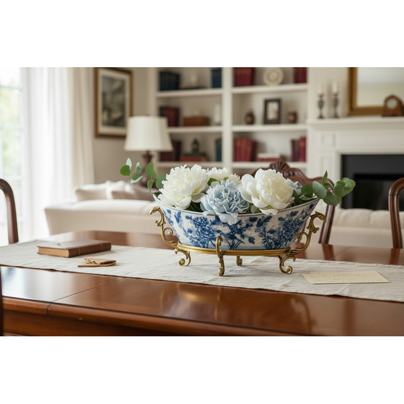 Blue White Floral Bird Oval Basin