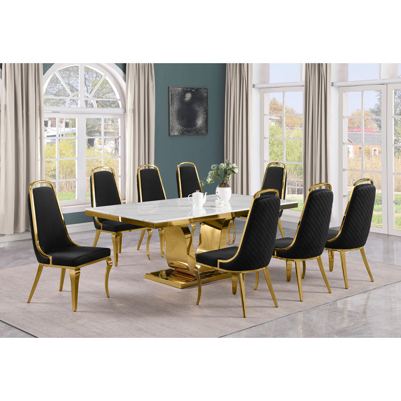Kimoria Marble Top Pedestal Dining Set, Black, 9