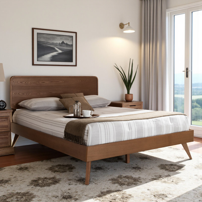 Lit plateforme moderne Chantol, style Mid-Century, brun noyer l 56,8 po x L 77 po x H 58,3 po, Double