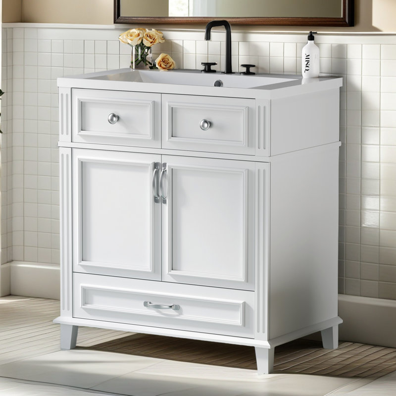 Meuble-lavabo de 30 po avec lavabo en résine, armoire de rangement en bois massif avec portes à fermeture douce, style rétro