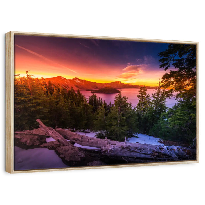 Majestic Crater Lake Sunset, Cadre flottant en bois naturel, 13 po x 9 po