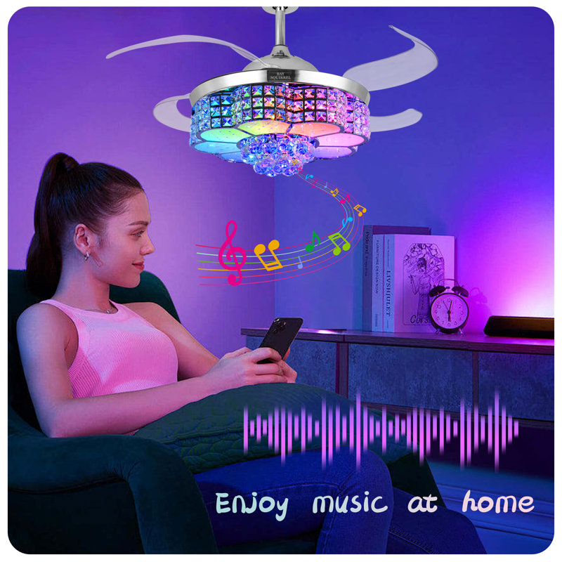 42-inch Retractable Crystal Ceiling Fan Features RGB Lighting, Built-in Speakers, Bluetooth Connectivity, and Remote/App control. Reversible Blades, 6-Speed Settings, and Adjustable three-Color Light Strips with Color temperature memory function