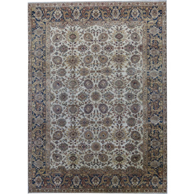 Tapis crème et bleu noué à la main de haute qualité