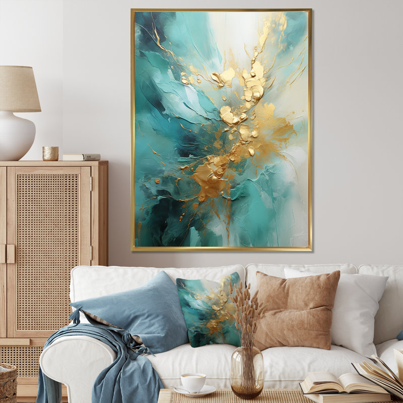 Gold And Teal Aurora Harmony II - Abstract Spirals Large Wall Art, Gold Floater Framed, 44" H x 34" W x 1.5" D