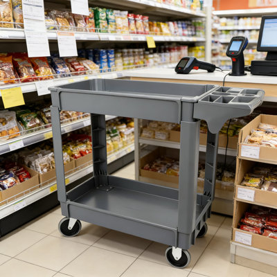 Chariot utilitaire roulant robuste à 2 tablettes avec une capacité de 550 lb, des roues silencieuses de 5 po et une poignée intégrée pour un usage industriel et d'atelier