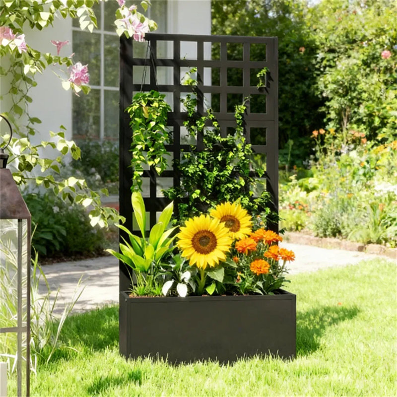 Elevated Garden Bed With Trellis, 24"w X 44.5"h Galvanized Steel Planter Box, Black Vertical Plant Stand For Climbing Plants, Vegetables, Flowers – Rustproof Outdoor Raised Bed For Patio, Balcony, Yard