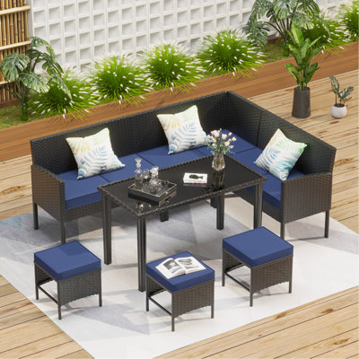 Small Space Patio Furniture 7-Piece Outdoor Furniture Set, Backyard Furniture Set, Waterproof Seat Cushion, Glass Table, Space Saving, Suitable For Backyard, Terrace Or Garden,Dark Blue