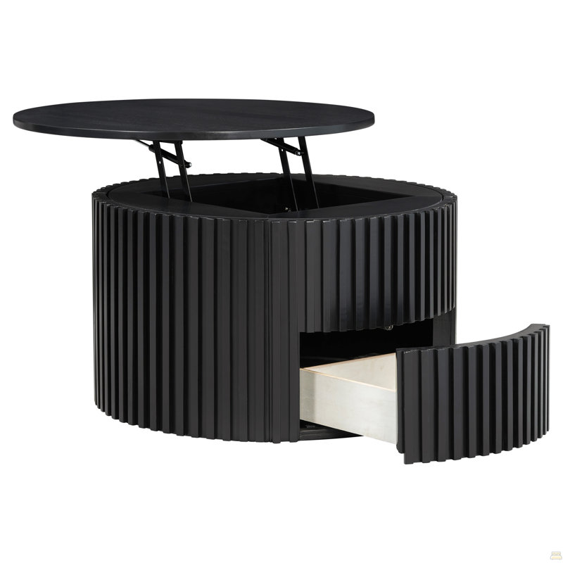 Table basse ronde à plateau relevable, table d'appoint moderne en bois cannelé avec rangement caché pour le salon, Noir