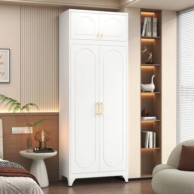 White Armoire Wardrobe Closet With Hanging Rod, 86 Inch Tall Metal Wardrobe Cabinet, Metal Armoire With Doors, Large Freestanding Wardrobes For Bedroom, 18"D X 32"W X 86"H, Assemble Required