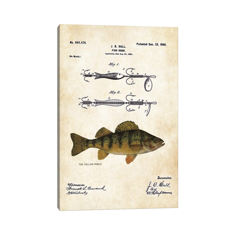 Yellow Perch Fishing Lure by Patent77 - Wrapped Canvas Print, 30.48 cm H x 45.72 cm W