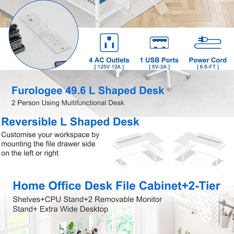 Yessenia L Shaped Computer Desk with Power Outlet & LED Light, White