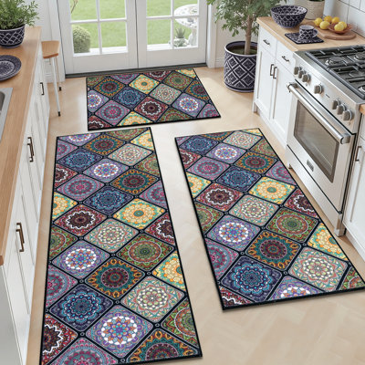 Boho Washable Non-Slip Kitchen Mat & Runner (Set of 3)