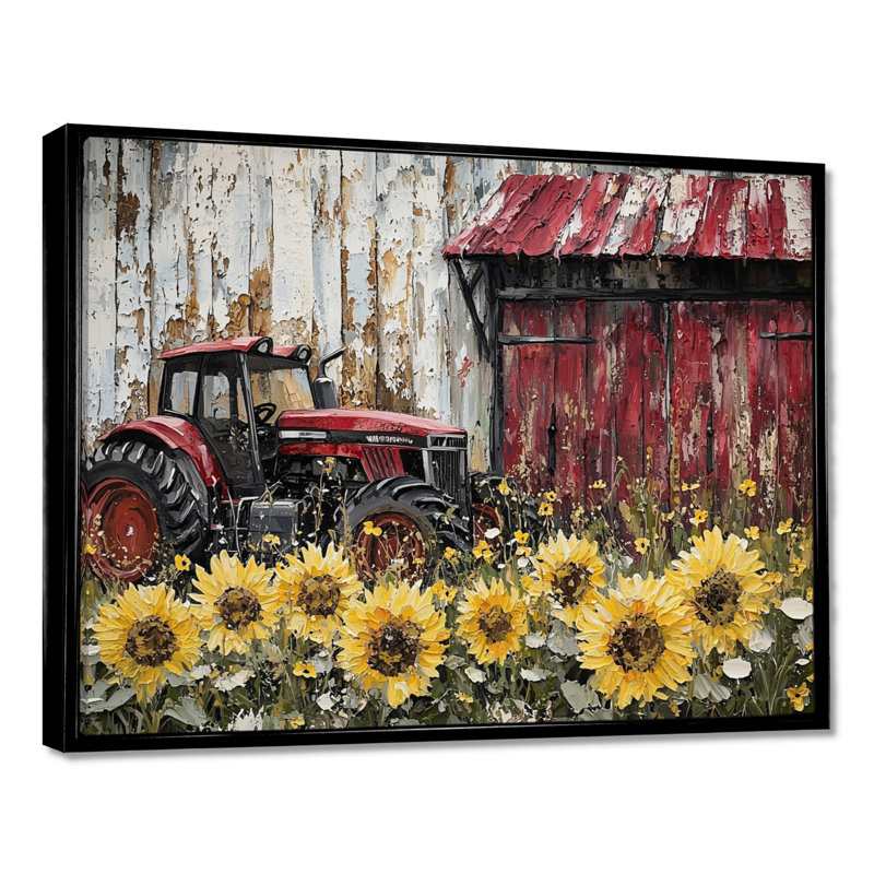 Dorukan Country Side Sunflowers With Tractor Farm II - ferme, art mural, H 34 po x l 44 po, Noir, noir, noir, noir