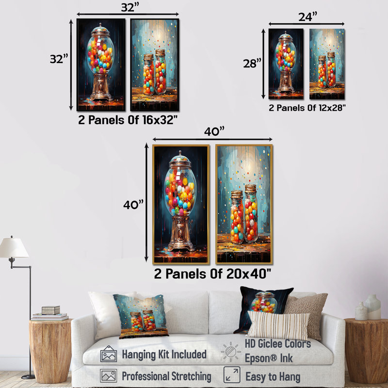 Popart Glitzy Gumballs Portrait - ensemble de 2 impressions sur toile Popart abstraites, H 28 po x l 25 po, Toile tendue