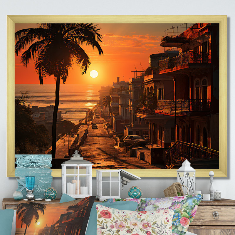 Havana Sunset Panorama II, H 24 po x l 32 po x P 1 po, Cadre doré simple
