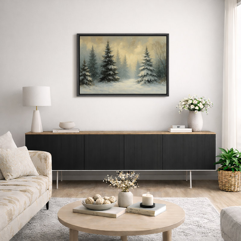 Illustration de forêt enneigée, images d'arbres d'hiver, impression sur toile encadrée, Cadre noir