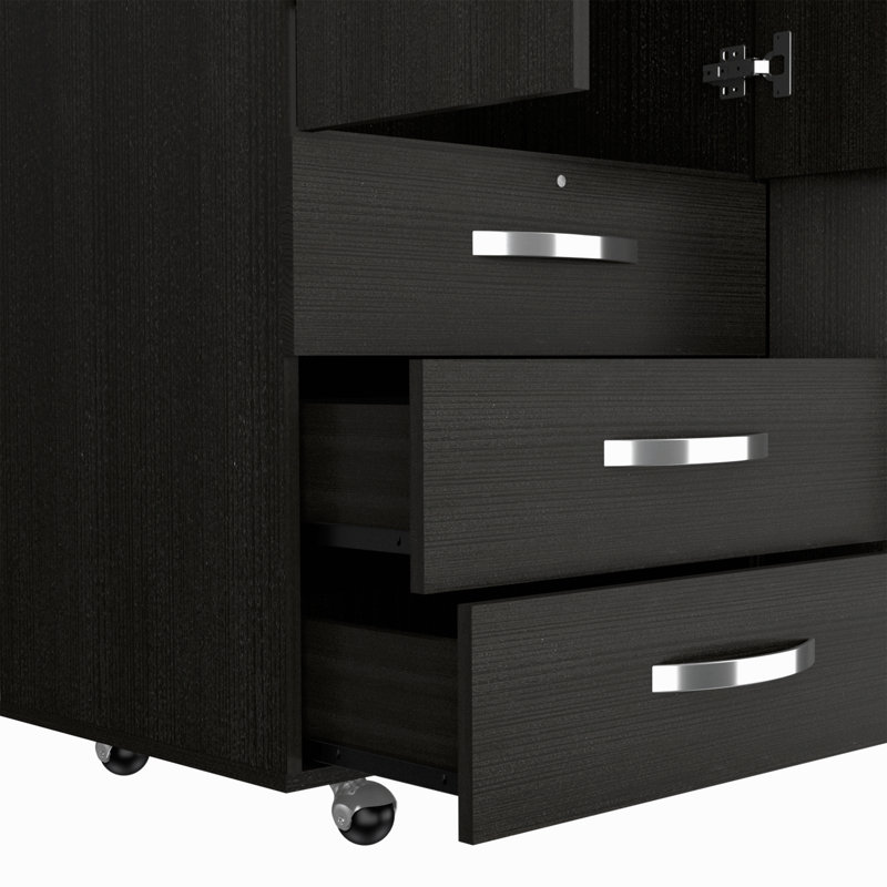 Armoire mobile, avec tiges de suspension, armoire à deux portes, trois tiroirs, deux tablettes