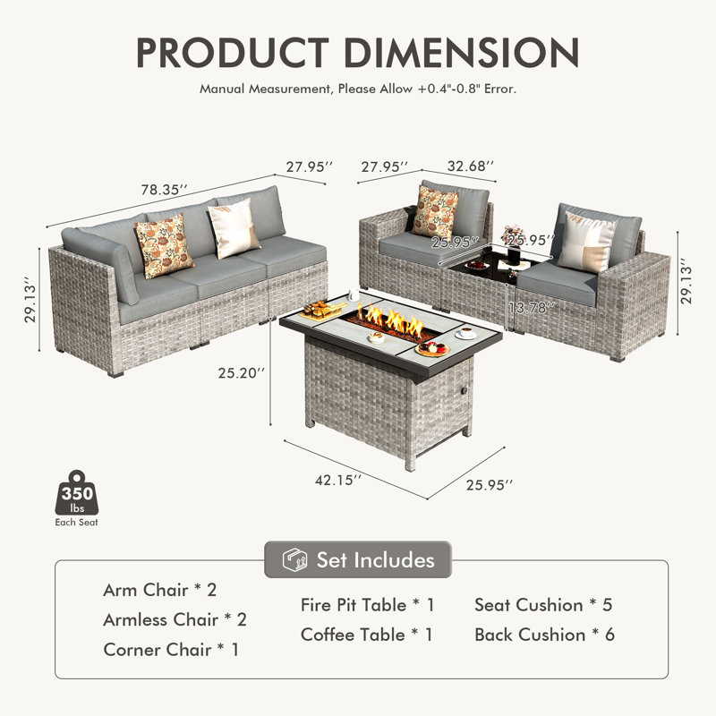 5-Person Outdoor Sectional With Cushions And Fire Pit,All-Weather Wicker Patio Set, Dark Gray
