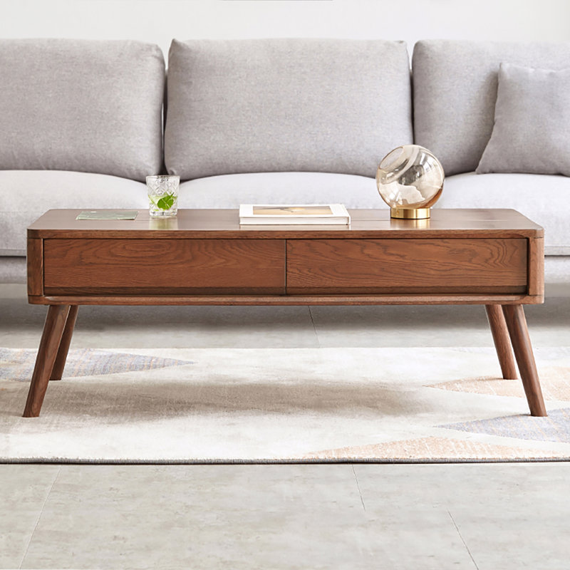 Table basse surélevée Table basse 100% bois de chêne massif avec plateau et plateau de table basse Largeur 120 x profondeur 65 x hauteur 45 cm Bureau d'étude Facile à assembler Bois de couleur noyer avec tablette