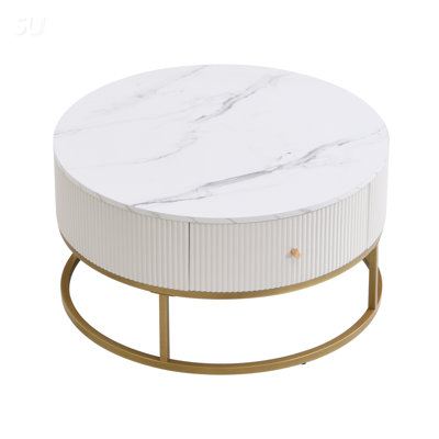 31.5" Modern Round Coffee Table with Drawers, White Faux Marble Top & Sturdy Iron Frame for Living Room Storage