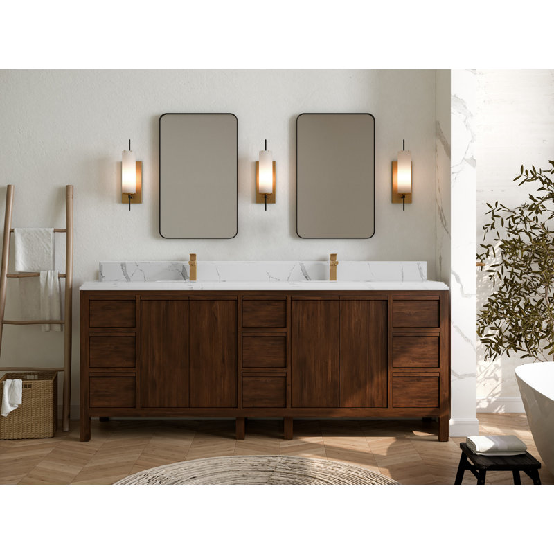 84'' Dark Walnut Teak Double Bathroom Vanity with Quartz Top