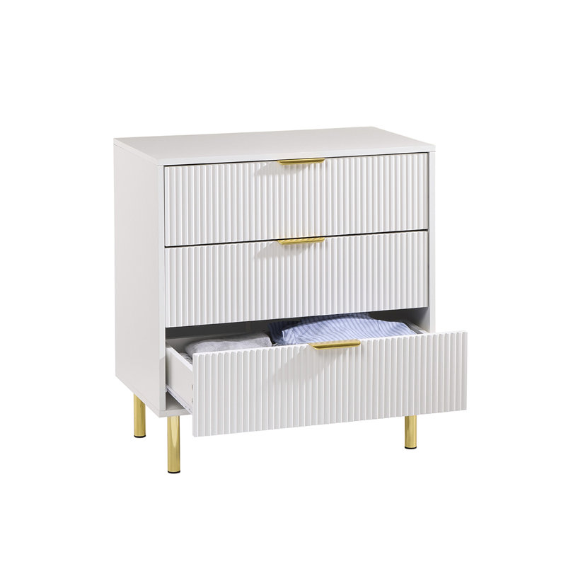 Aizley White Gloss Ribbed Chest of Drawers with Gold Legs & Handles – 3 Drawer Fluted Dresser (71cm Wide), White