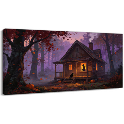 Sorcière, art mural d'Halloween sur toile, peinture de chalet d'automne, décoration murale festive pour le salon ou le vestibule, œuvre d'art tendue sur châssis, prête à être suspendue, 20 po x 40 po